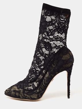 NEW DOLCE AND GABBANA Black Stretch Lace Ankle Sock Boots 36.5 Never Worn